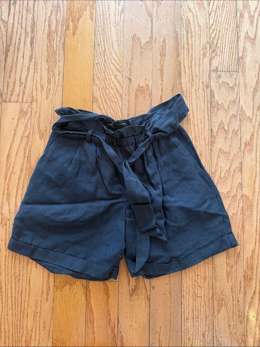 High-Rise Navy Paperbag Waist Shorts with Tie